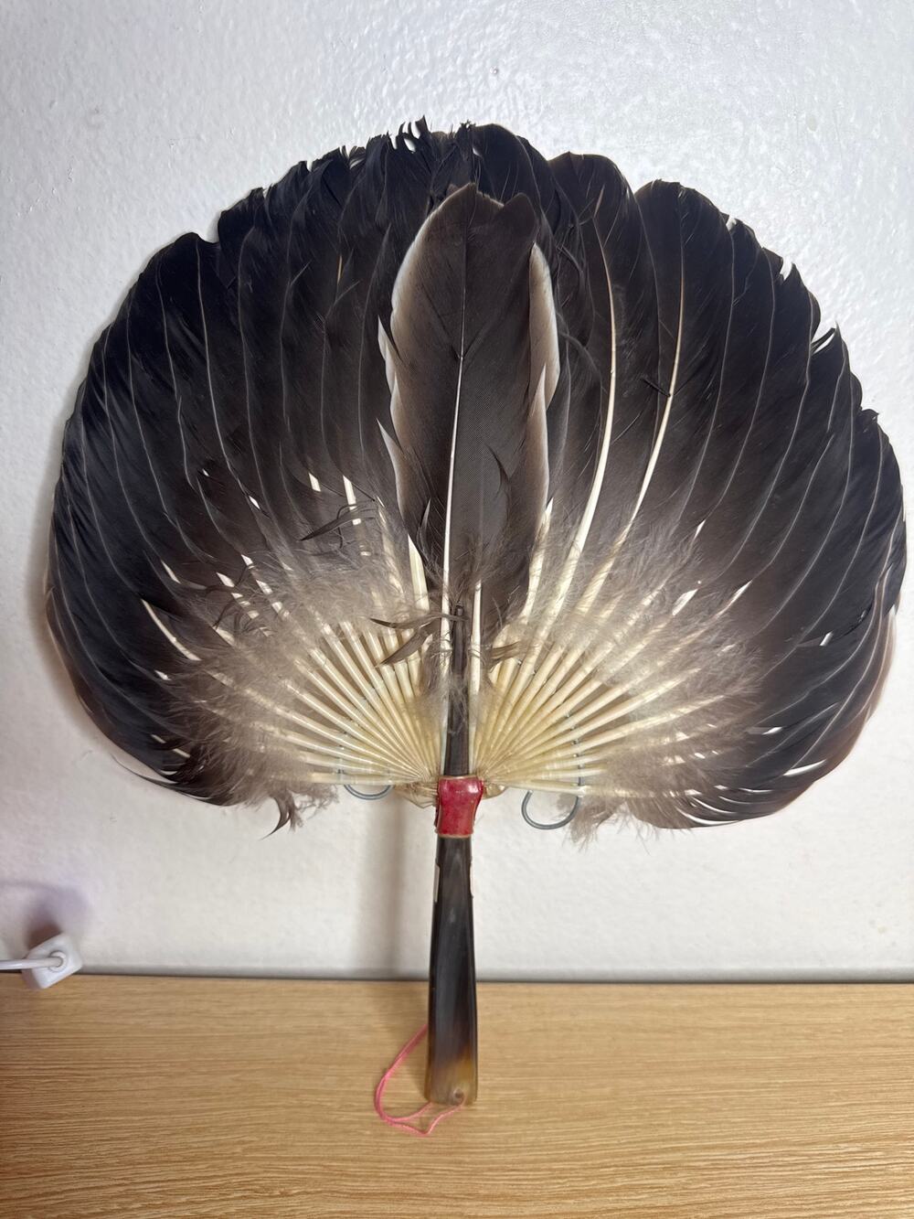 Vintage Chinese Goose Feather Hand Fan Zhuge Liang Kong Ming Handle PRC Sticker